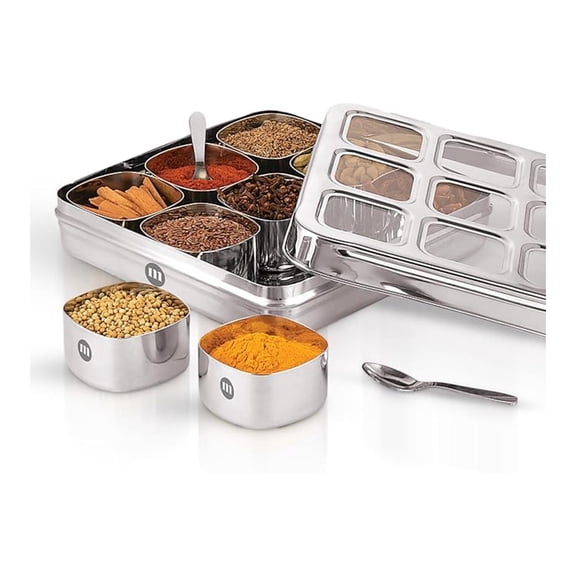 Masala Dabba Spice Box - Stainless Steel 9 Compartment Organizer with Clear Lids - Kitchen Storage Container for Indian Spices - 9-in-1 Square Design