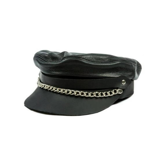 Mascorro Men's Flat Top Genuine Leather Biker Cap with Chain, Black Leather C58