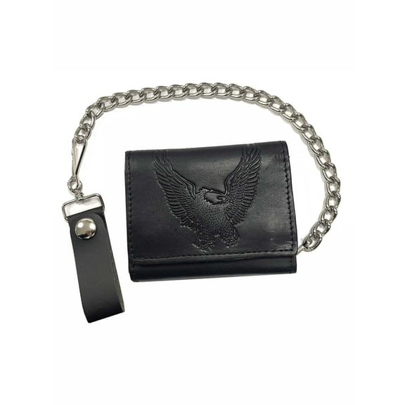 Mascorro Men's Open Eagle Large Tri-Fold Biker Chain Wallet - Solid Black