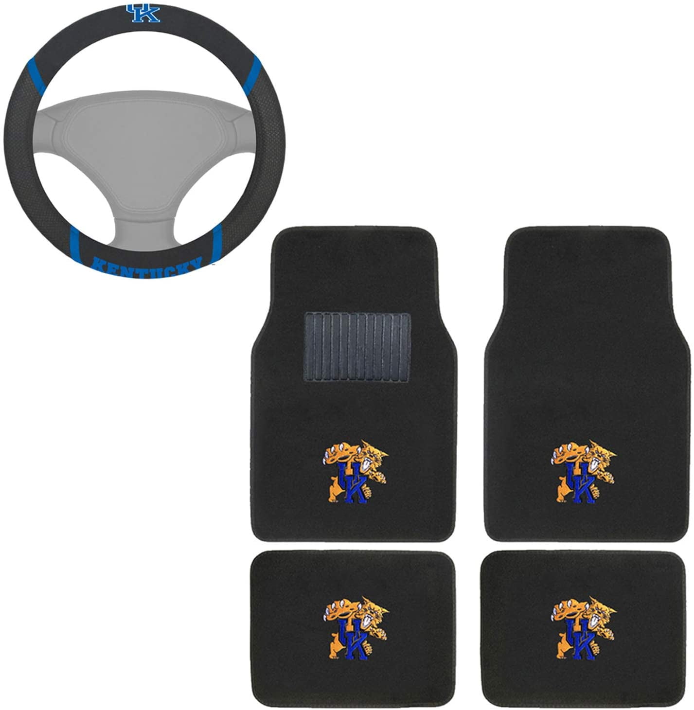 Mascot Carpet Floor Mats Bundle with Steering Wheel Cover for Kentucky Fans Officially Licensed(5 items)