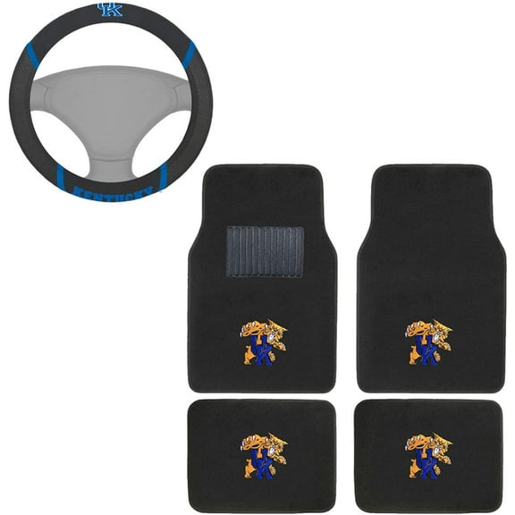 Mascot Carpet Floor Mats Bundle with Steering Wheel Cover for Kentucky Fans Officially Licensed(5 items)