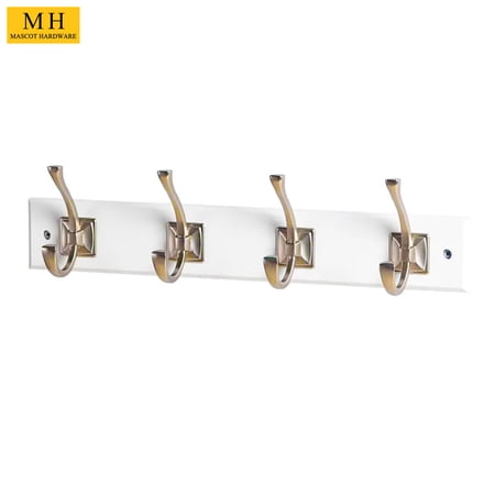 Mascot Hardware Satin Nickel Square Base Scroll 4 Hooks on White Hook Rail