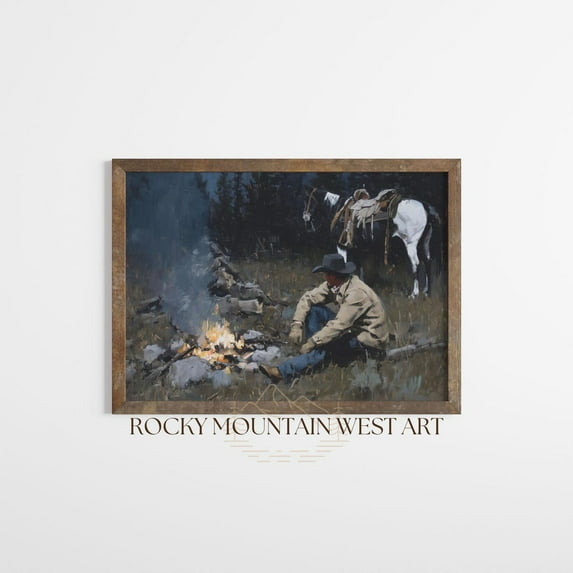 Masculine Western Wall Art Dark Western Cowboy Nighttime Western Horse Art Campfire Cowboy Wall Poster Ranch Home Decor Home Decor #185, Unframed Poster Size 24x36