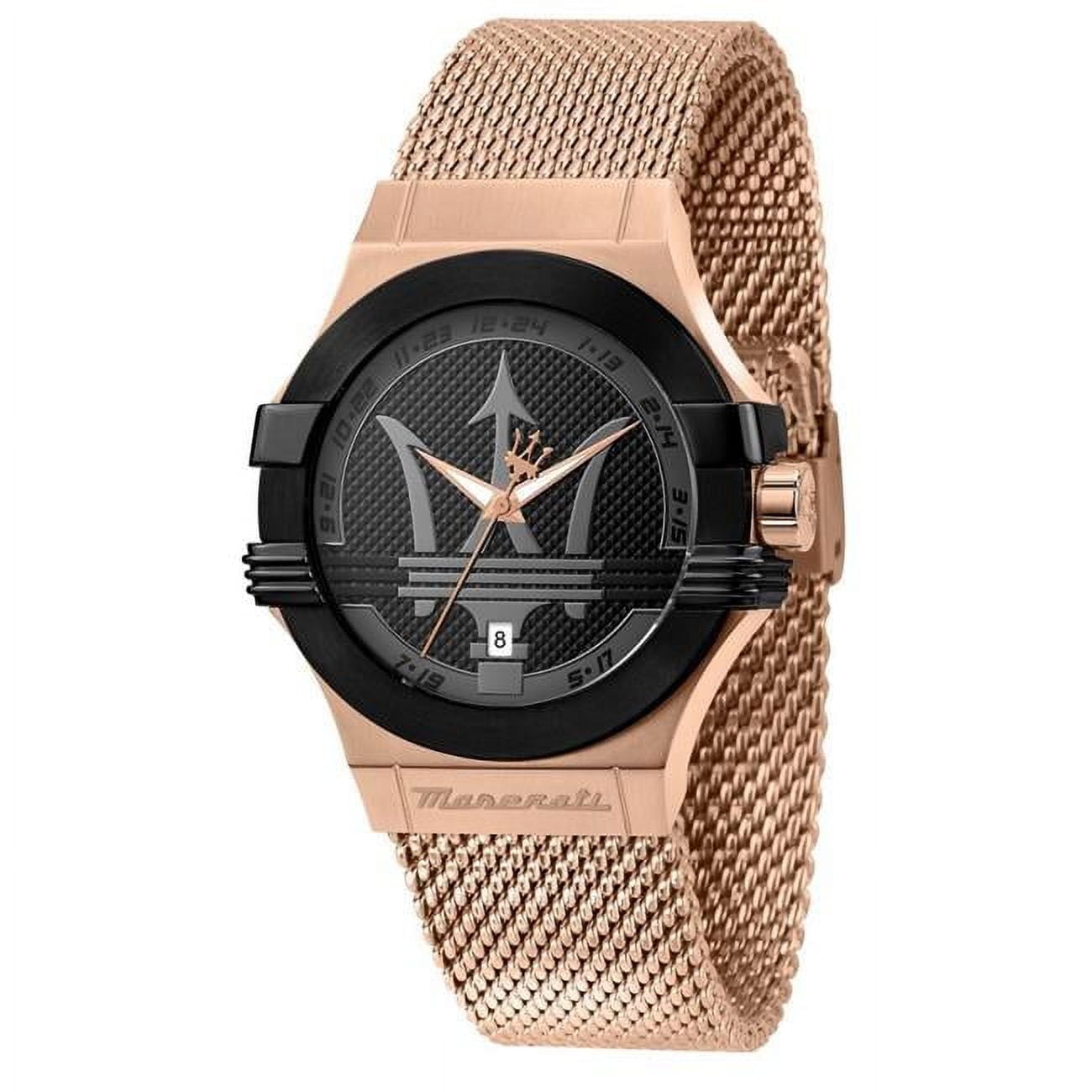 Maserati Potenza Collection Rose Gold Stainless Steel Case and Milanese Strap with Black Dial and Bezel Men's Watch. R8853108009