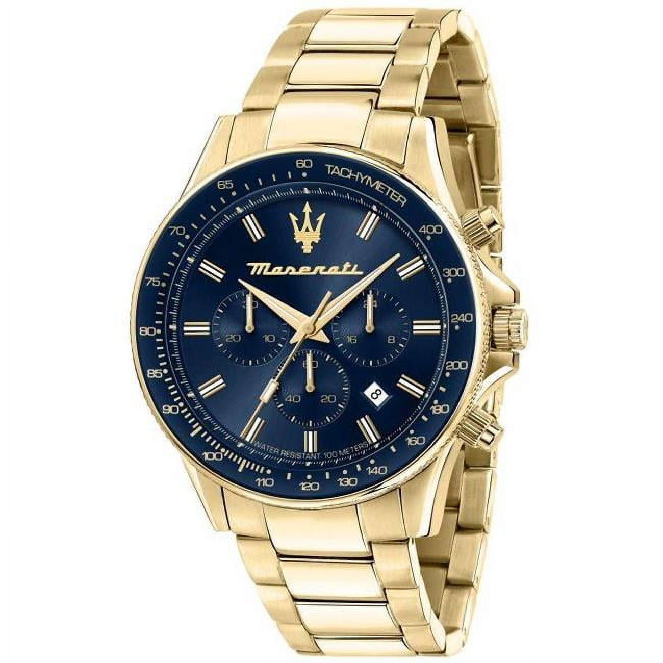 Watch, Blue Stainless - 100M Sfida Dial Mens Steel Chronograph Maserati Blue Tone Adult Quartz Gold