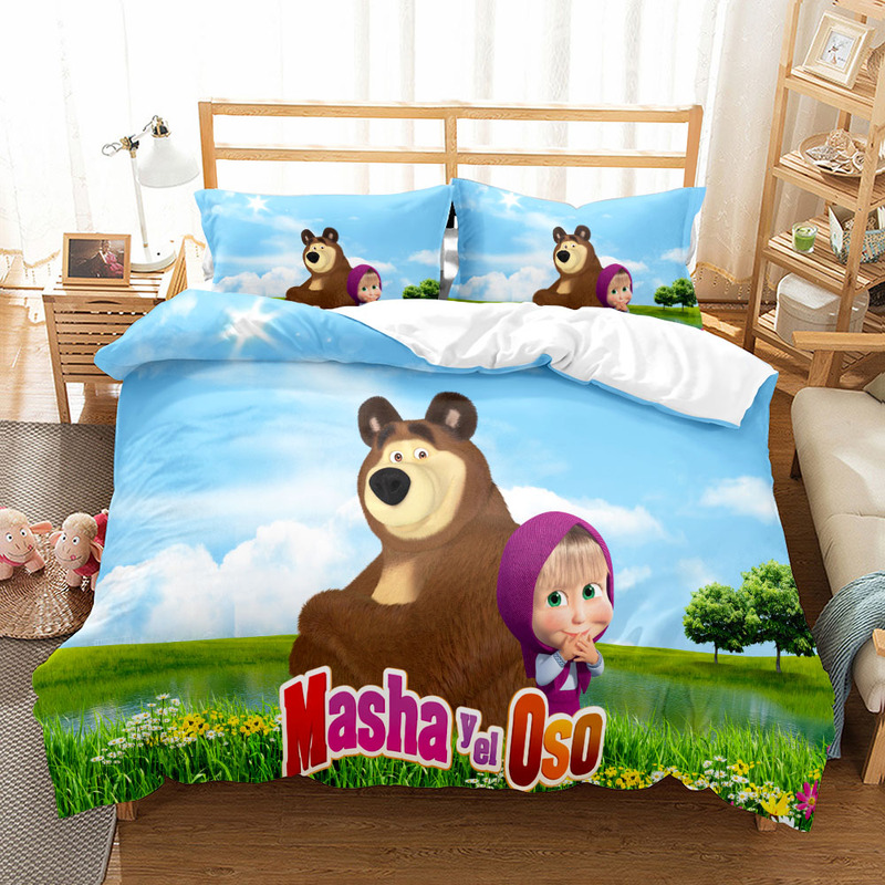 Masha and The Bear Cartoon Children Bedding Set King Queen Double Full