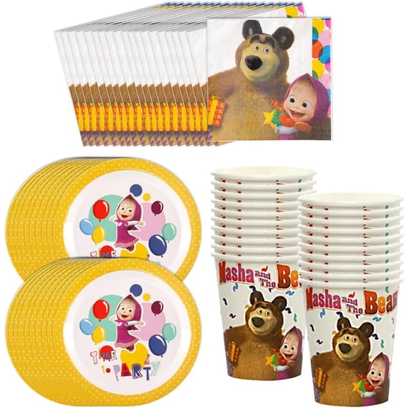 Masha and The Bear Party Kit - 20 Cups, 20 Plates, and 20 Napkins