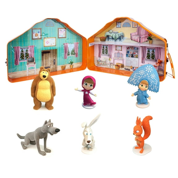 Masha and The Bear Playset House, Top Notch Premium 6-Velvety Figurine Set in Tin-Lunchbox Easy to Carry & Store, Collectors' Delight