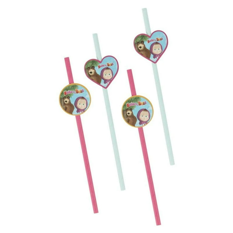 Masha and The Bear Tableware Party Straws x16 Child Pink Purple Blue Masha and The Bear Tableware Party Straws x16 Child Pink Purple Blue