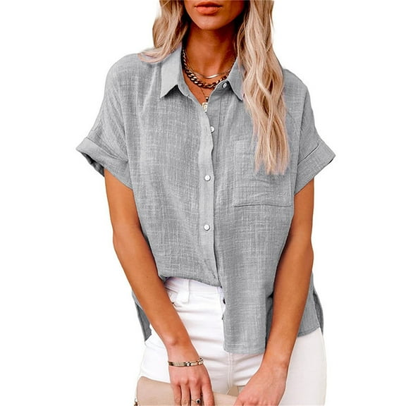 Mashaouyo Clothing T Shirts For Women Summer New Ladies Loose Blouses Cotton And Lapel Rolled Short Sleeve Button Shirt Tee Shirt