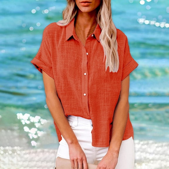 Mashaouyo Clothing T Shirts For Women Women's Casual Loose Summer Short Sleeve Solid Color Button Down Shirt T Shirt