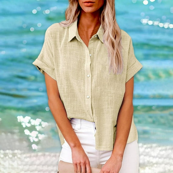 Mashaouyo Clearance T Shirts For Women Women's Casual Loose Summer Short Sleeve Solid Color Button Down Shirt T Shirt
