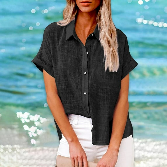 Mashaouyo Clothing T Shirts For Women Women's Casual Loose Summer Short Sleeve Solid Color Button Down Shirt T Shirt