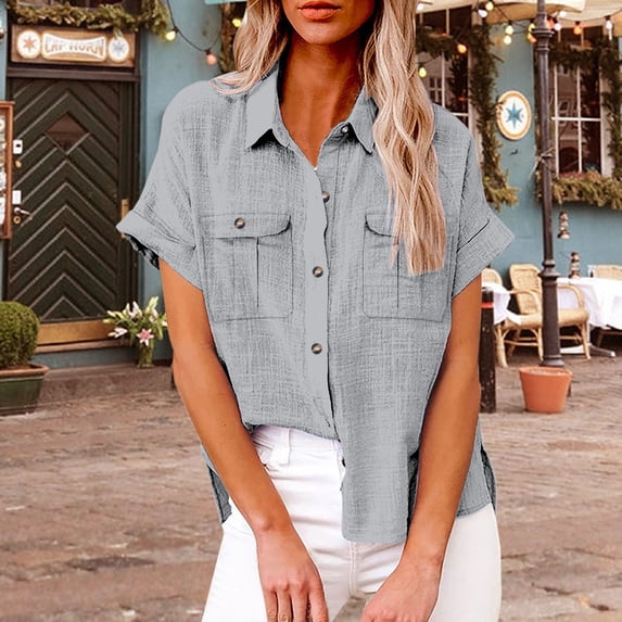 Mashaouyo Clearance T Shirts For Women Women's Spring Autumn Casual Double Pocket Split Long Sleeve Cotton Shirt Top