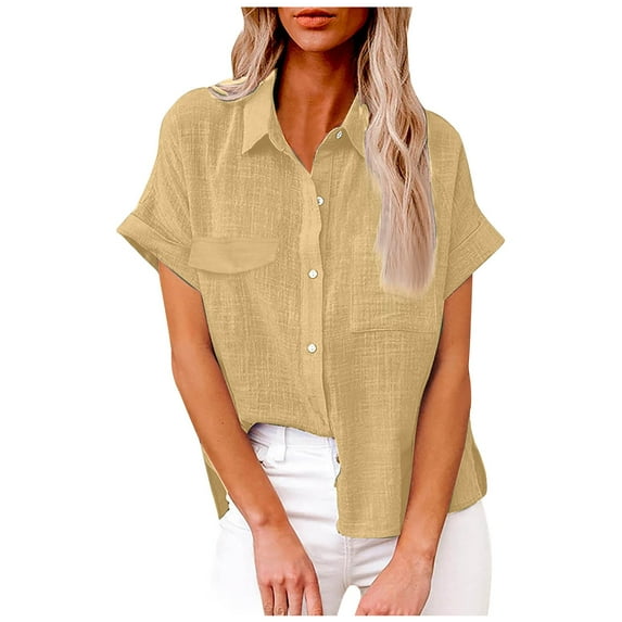 Mashaouyo Clothing T Shirts For Women Womens Cotton Linen Short Sleeve Button Down Shirts Casual V Neck Plain Blouses Tops