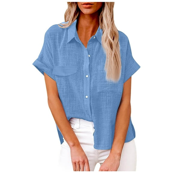 Mashaouyo Clothing T Shirts For Women Womens Cotton Linen Short Sleeve Button Down Shirts Casual V Neck Plain Blouses Tops