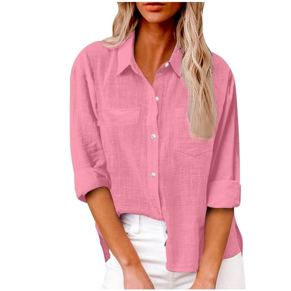 Mashaouyo Clothing T Shirts For Women Womens Button Down Shirts 2024 Fall Casual Loose Long Sleeve V Neck Blouses Cotton Linen Going Out Tops With Pockets