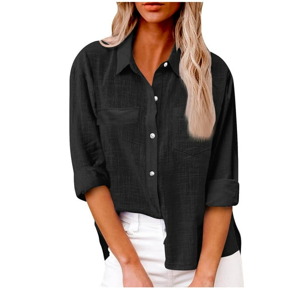 Mashaouyo Clothing T Shirts For Women Womens Button Down Shirts 2024 Fall Casual Loose Long Sleeve V Neck Blouses Cotton Linen Going Out Tops With Pockets