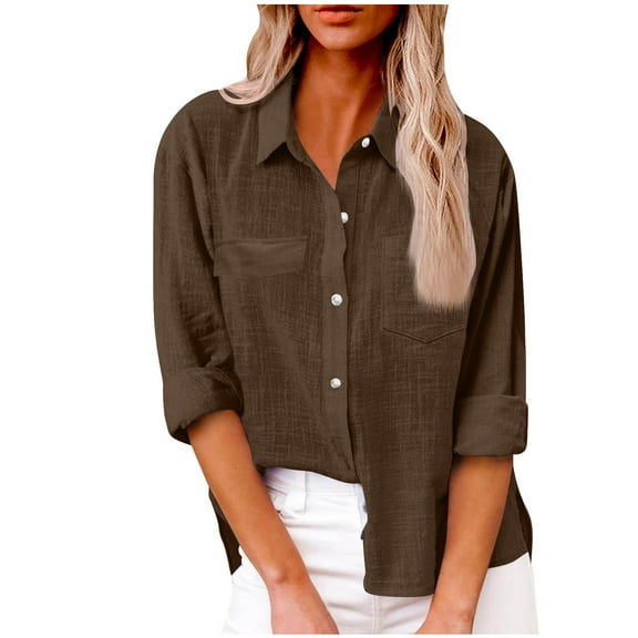 Mashaouyo Clothing T Shirts For Women Womens Button Down Shirts 2024 Fall Casual Loose Long Sleeve V Neck Blouses Cotton Linen Going Out Tops With Pockets