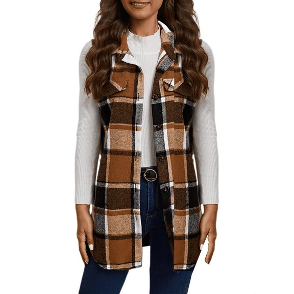 Mashaouyo Clearance Women Plaid Vest Lapel Open Front Sleeveless Jacket Outerwear Cardigan with Pockets