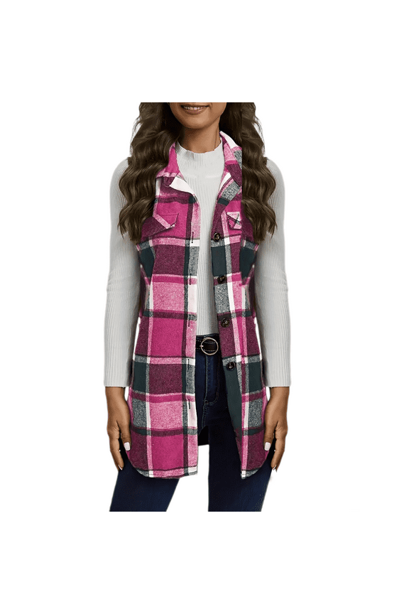 Clearance Women Plaid Vest Lapel Open Front Sleeveless Jacket Outerwear Cardigan with Pockets