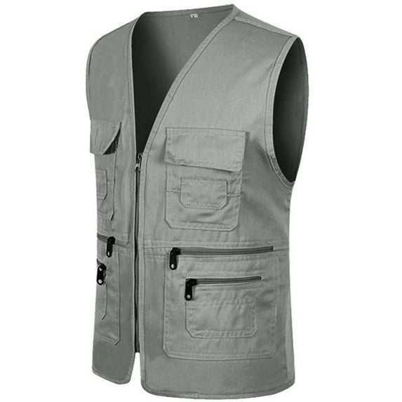 Mashaouyo Men Jacket Vest Men Zipper Casual Multi Pocket Sleeveless Jacket Coat British Suit Vest Blouse Clearance Sale