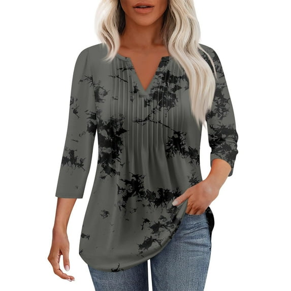 Mashaouyo Short Sleeve Blouses Casual V Neck Summer Tops Shirts for Women With Leggings Pleated Curved Tunic