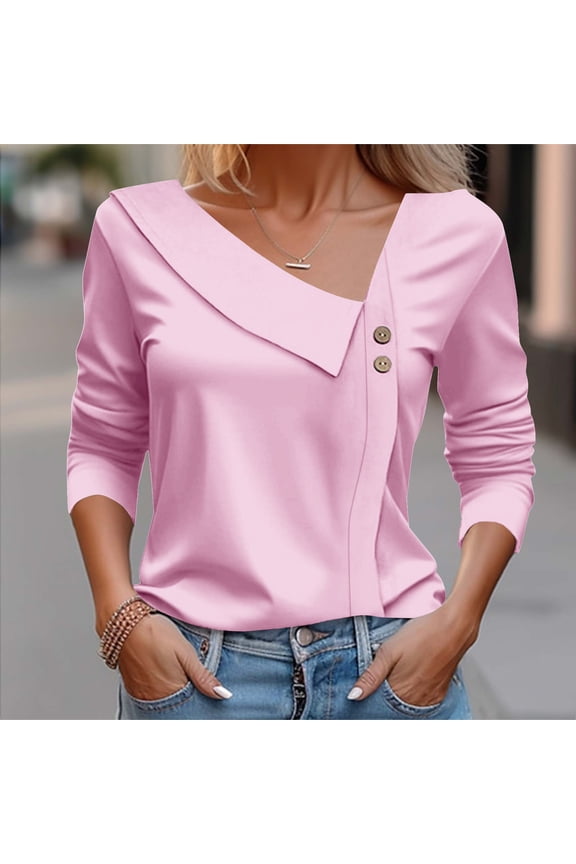 Tops For Women Long Sleeve Button Collared V Neck Blouses 2025 Work Casual Dressy Shirts Pink