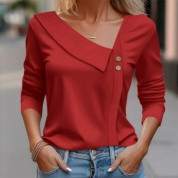 Mashaouyo Tops For Women Long Sleeve Button Collared V Neck Blouses 2025 Work Casual Dressy Shirts Red