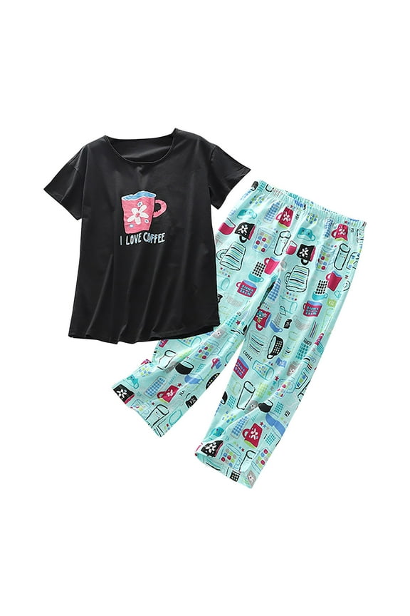 Up To 50% Off Women's Cotton Pajama Set Cute 2 Piece Set Comfy Summer V Neck Short Sleeve Shirt Capri Sleepwear Womens Pajama Sets