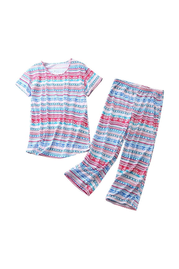 Up To 50% Off Women's Cotton Pajama Set Cute 2 Piece Set Comfy Summer V Neck Short Sleeve Shirt Capri Sleepwear Womens Pajama Sets