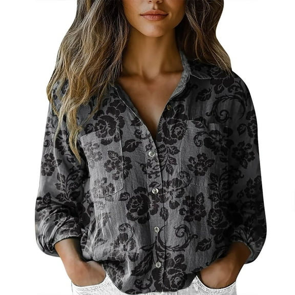 Mashaouyo Women Cotton Shirt Printed Fashion Button Down Shirts Long Sleeve V Neck Blouse Dressy Casual Tops