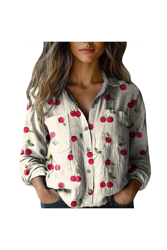 Women's Casual Cotton Shirt Boho Floral Print V Neck Button Down Shirts Casual Tops Long Sleeve Blouses