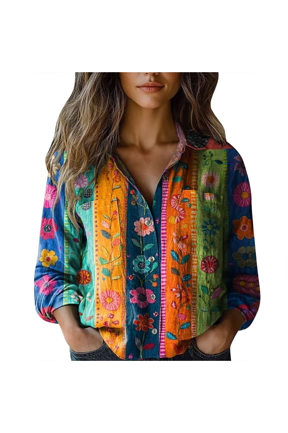 Women's Casual Cotton Shirt Boho Floral Print V Neck Button Down Shirts Casual Tops Long Sleeve Blouses