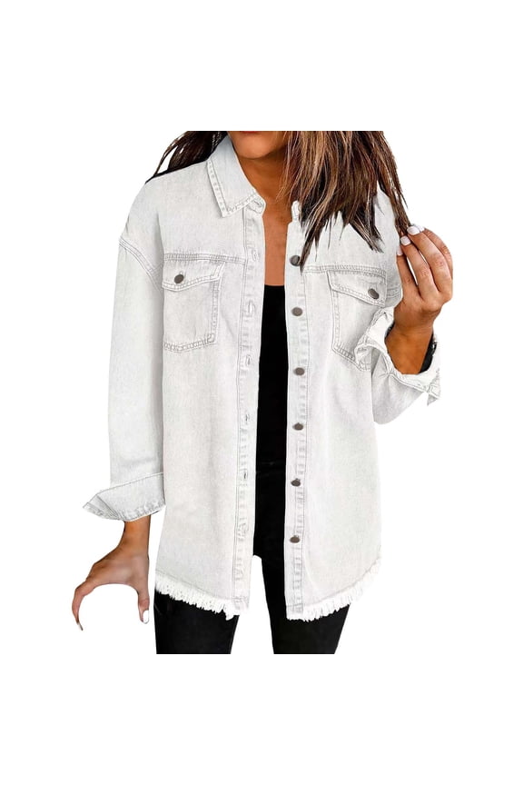 Women’s Oversized Button Up Frayed Hem Shacket Long Sleeve Pockets Denim Jean Jacket