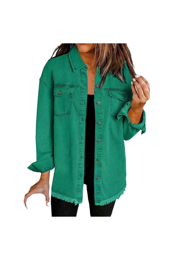 Women’s Oversized Button Up Frayed Hem Shacket Long Sleeve Pockets Denim Jean Jacket
