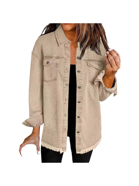 Women’s Oversized Button Up Frayed Hem Shacket Long Sleeve Pockets Denim Jean Jacket