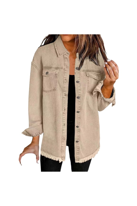 Women’s Oversized Button Up Frayed Hem Shacket Long Sleeve Pockets Denim Jean Jacket