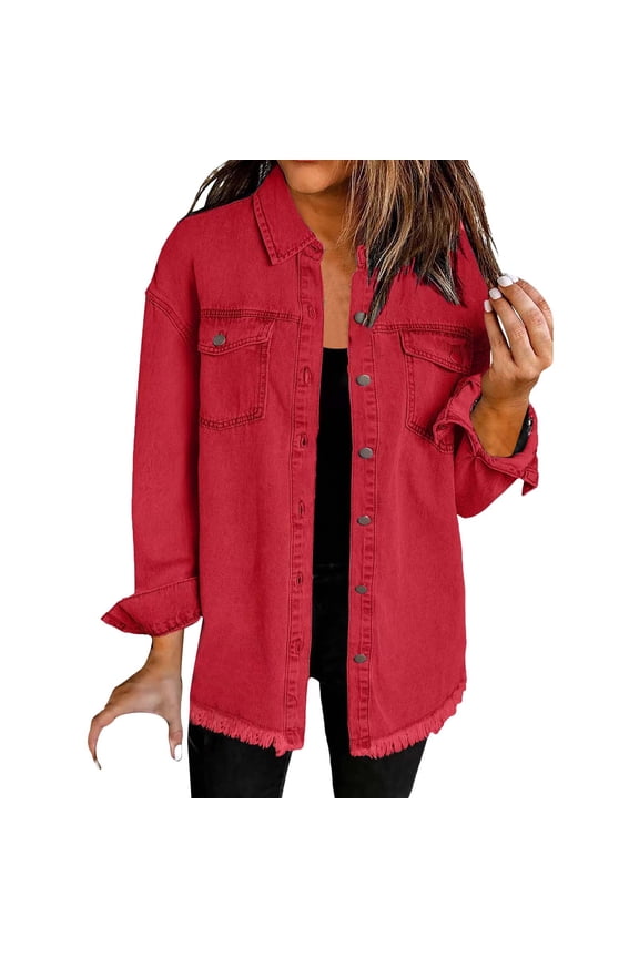 Women’s Oversized Button Up Frayed Hem Shacket Long Sleeve Pockets Denim Jean Jacket