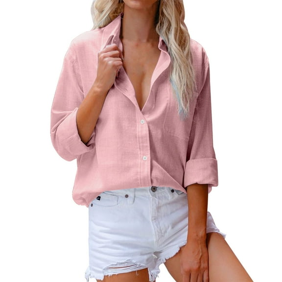 Mashaouyo Womens Button Down Shirts Cotton Dress Shirts Long Sleeve Blouses V Neck Solid Casual Tunics Tops with Pockets