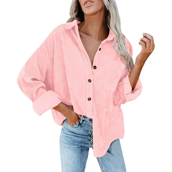 Mashaouyo Womens Corduroy Button Down Shirts Casual Long Sleeve Jacket Oversized Boyfriend Blouses Tops with Pockets