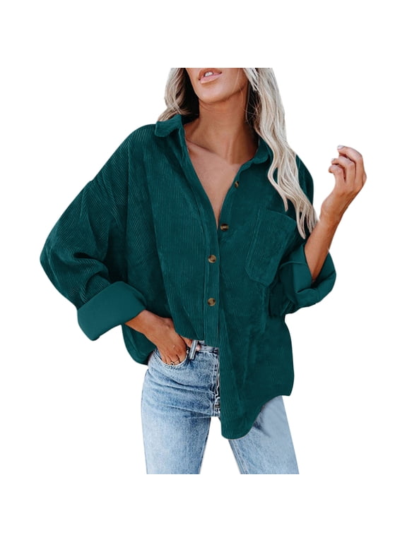Womens Corduroy Button Down Shirts Casual Long Sleeve Jacket Oversized Boyfriend Blouses Tops with Pockets