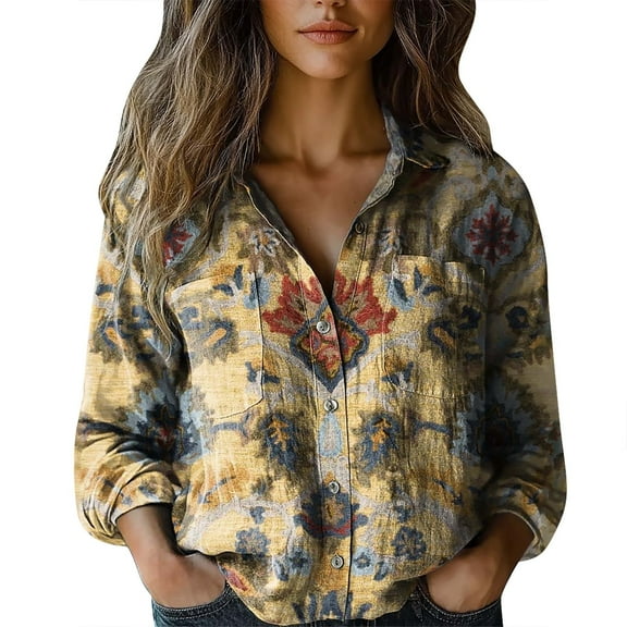 Mashaouyo Womens Shirts Button Down Shirts Fashion Printed Long Sleeve Blouse Dressy Casual Tops