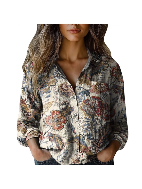 Womens Shirts Button Down Shirts Fashion Printed Long Sleeve V Neck Blouse Dressy Casual Tops