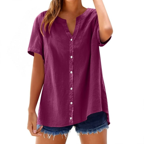 Mashaouyo Womens Short Sleeve Casual Button Down Shirts Summer Soft Fashion Cotton Blouses Tops with Pocket