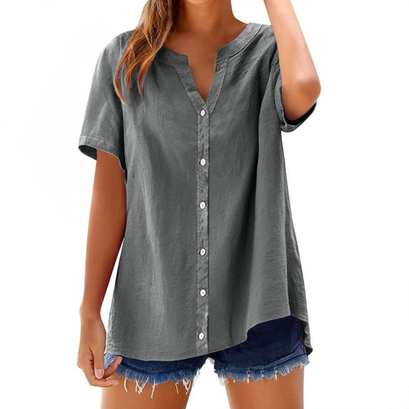 Mashaouyo Womens Short Sleeve Casual Button Down Shirts Summer Soft Fashion Cotton Blouses Tops with Pocket