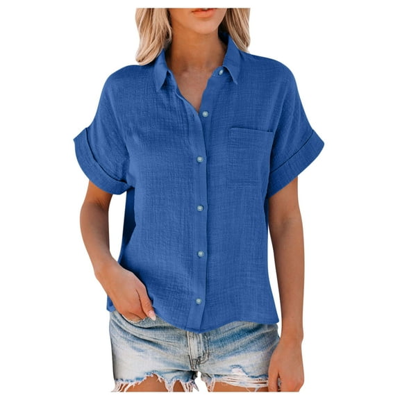 Mashaouyo Womens Short Sleeve Casual Button Down Shirts Summer Soft Fashion Cotton Blouses Tops with Pocket