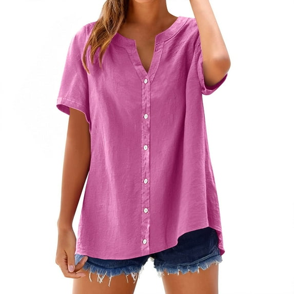 Mashaouyo Womens Short Sleeve Casual Button Down Shirts Summer Soft Fashion Cotton Blouses Tops with Pocket