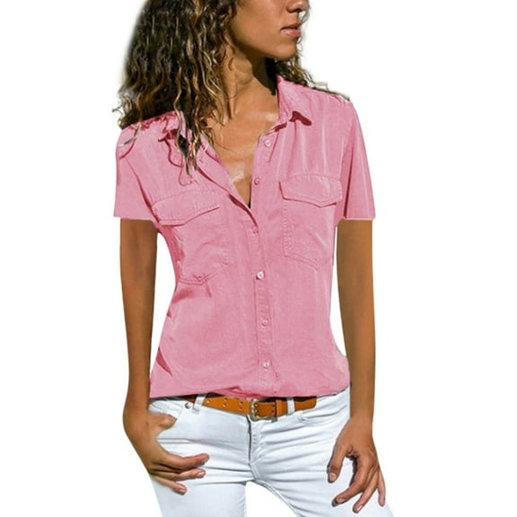 Mashaouyo Womens Short Sleeve Cotton Button Down Up Shirt Collared V Neck Tops Shirts Blouses for Women
