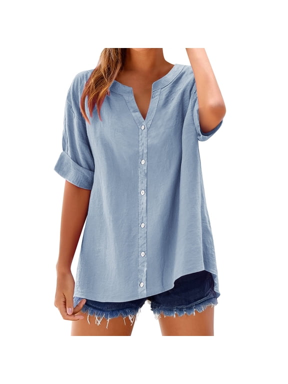 Womens Tops V Neck Button Down Open Front Short Sleeve Tshirts Business Casual Basic Tee Loose Fit